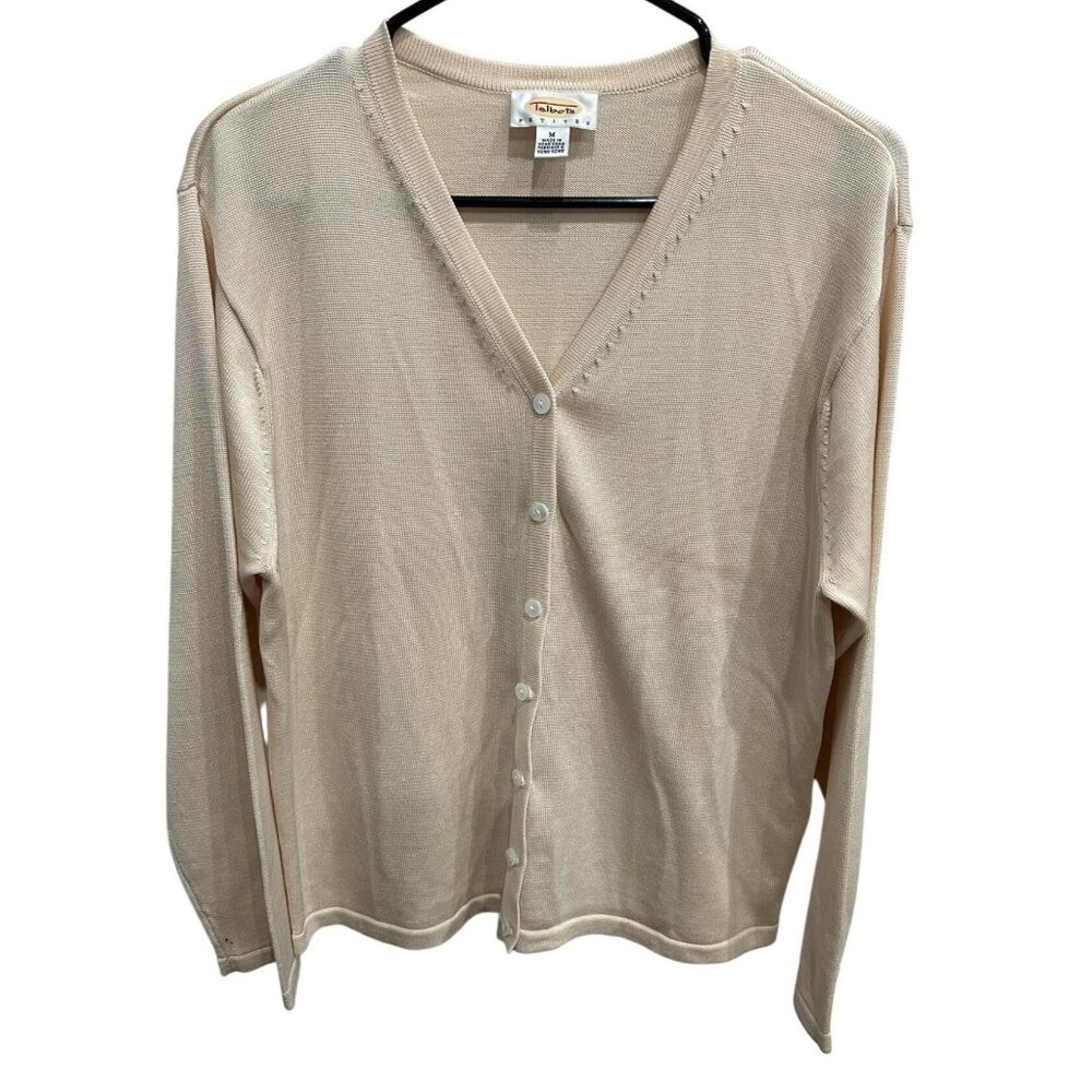 Talbots Petites Womens Beige V-Neck Button-Up Cardigan Sweater Size Medium